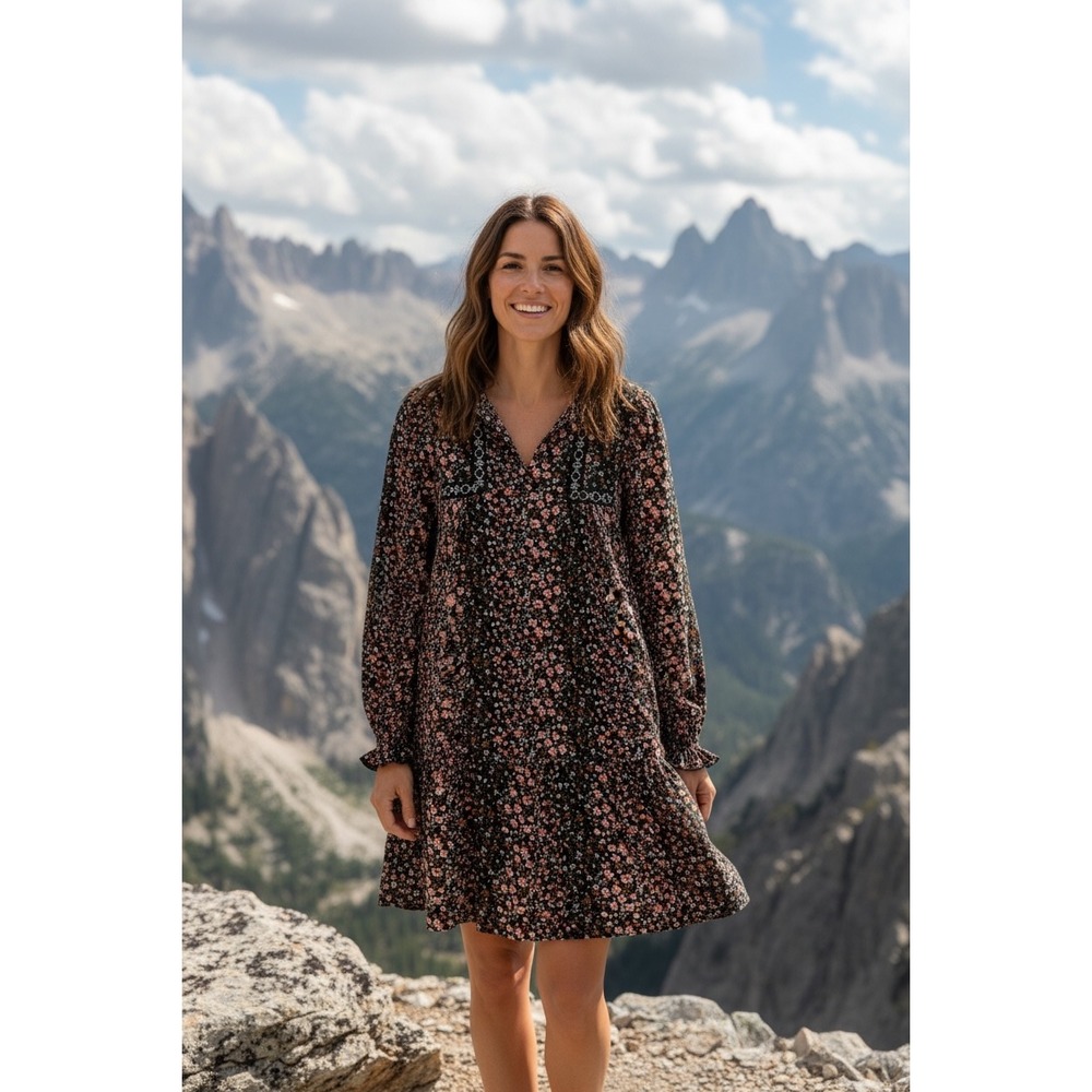 Zara Women Black Floral Long Sleeve Mini Dress Embroidered Tiered Shift‎ EUC